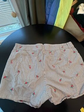 St. John's Bay White & Black Striped Shorts with Red Cherry Embroidery